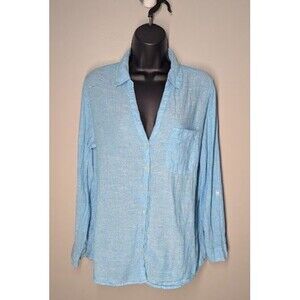 Sigrid Olsen 100% Linen Blue Button Down Shirt Roll-Tab Sleeves Women’s Sz M